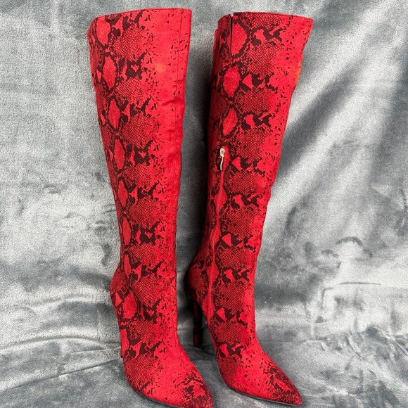 Red Snake Print Over the Knee High Heel Boots Pointed Toe Sexy Clubwear - Picture 1 of 8